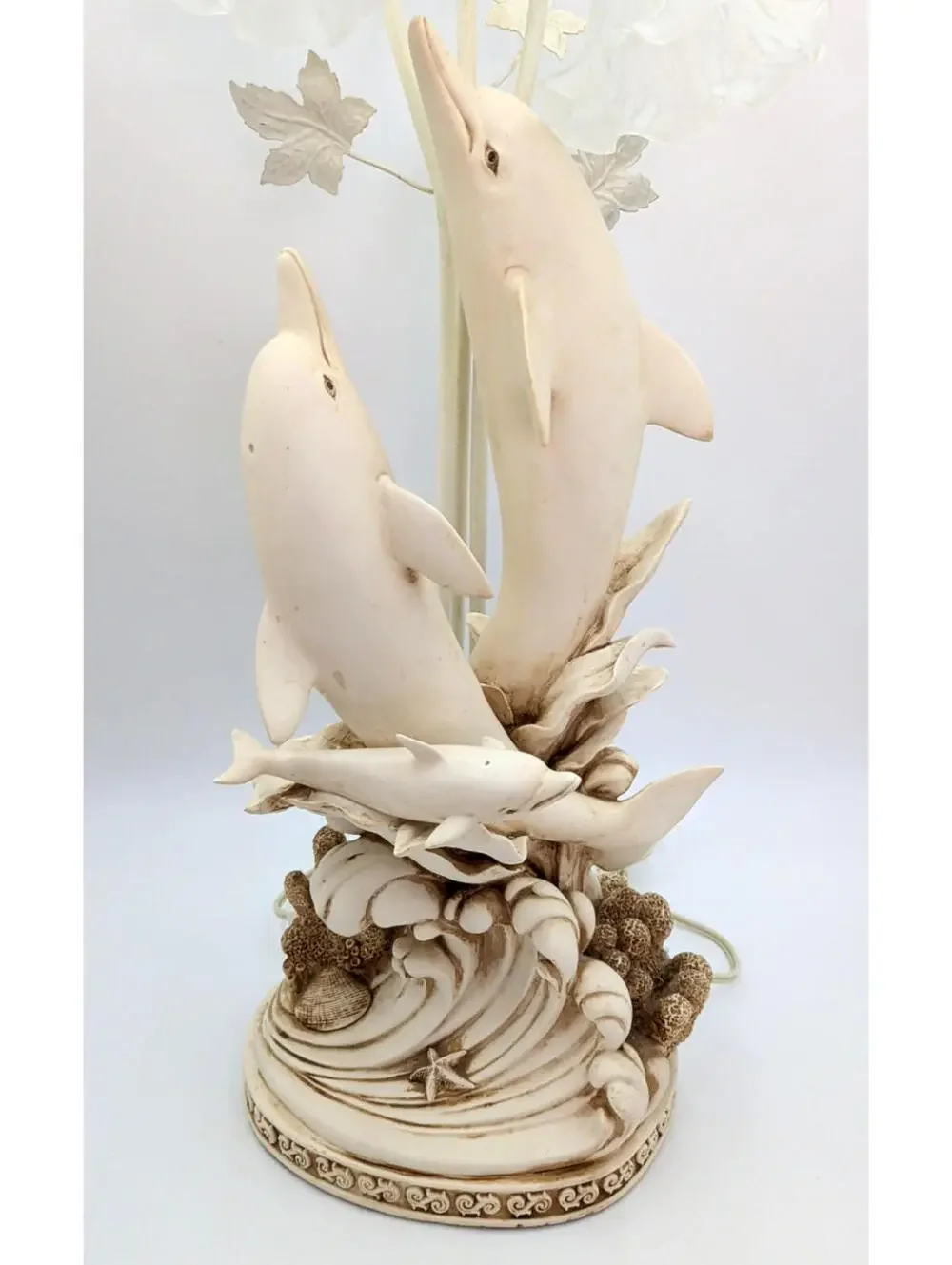VTG Ceramic Sculpted 3D Dolphins Table Lamp 3 Lights Glass Tulip Shades 30